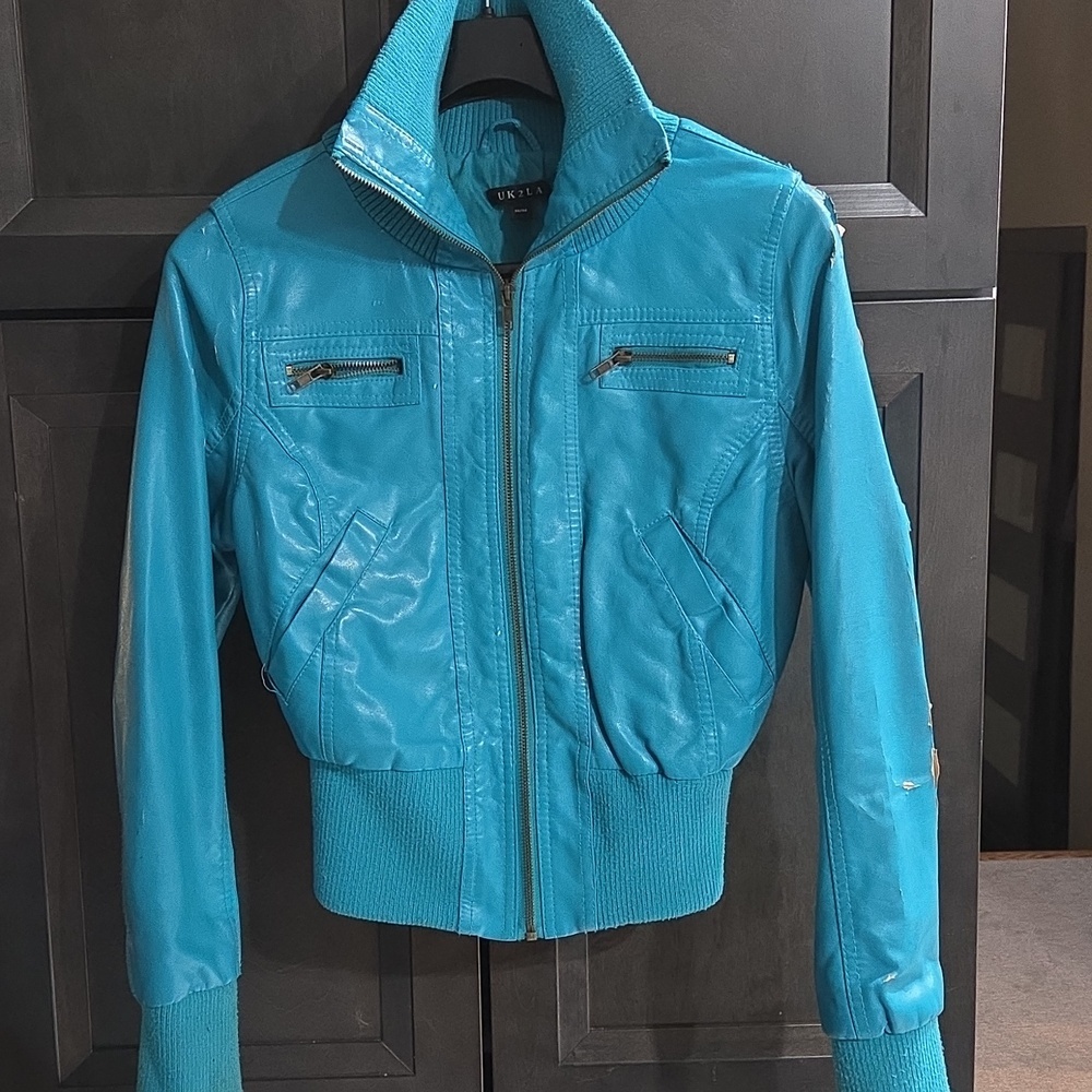 UK2LA Y2K Women's Teal Zip-Front Faux Leather Bomber Jacket